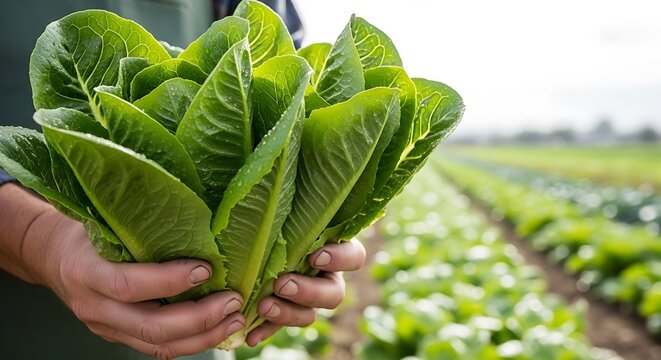 Freshly Harvested Romaine Lettuce Bunch Held By Farmer Over Field Rows