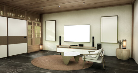 Living room concept Empty room wood docoration wall on black floor. 3D illustration rendering