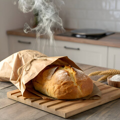 Freshly baked steaming bread in a paper bag on a wooden cutting board in a kitchen setting