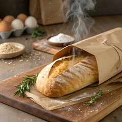 Close up shot of a loaf of bread wrapped in paper on a wooden board with ingredients around it