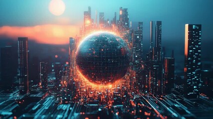 Digital globe powering futuristic smart city network - Powered by Adobe