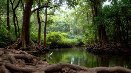 Serene forest scene with a white bird beside a tranquil water body and exposed tree roots