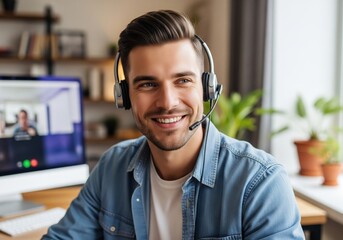 Smiling professional in headset actively engaging in online video conference from home
