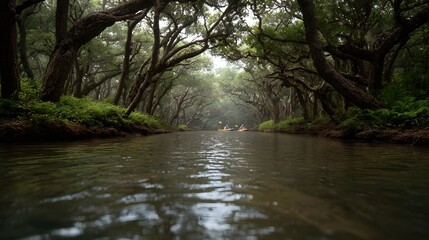 Fototapeta premium Kayakers navigate a serene river tunnel formed by ancient overhanging trees in a lush misty forest