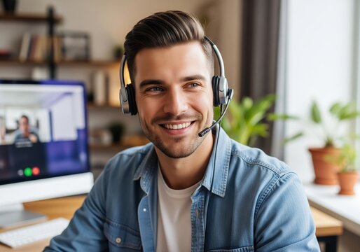 Smiling professional in headset actively engaging in online video conference from home - Powered by Adobe
