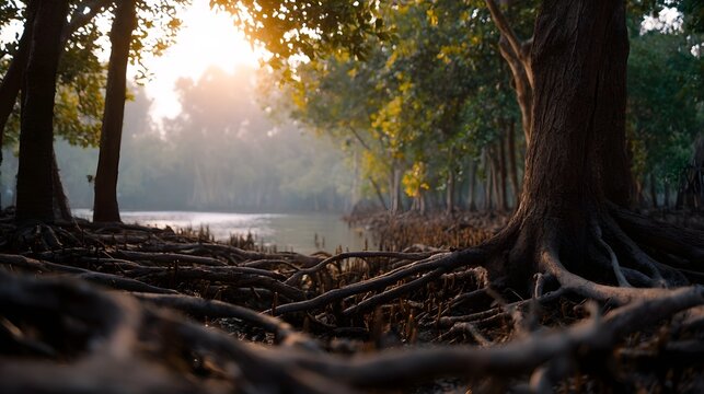 Golden hour sunlight streams through a serene mangrove forest illuminating tangled roots and calm water