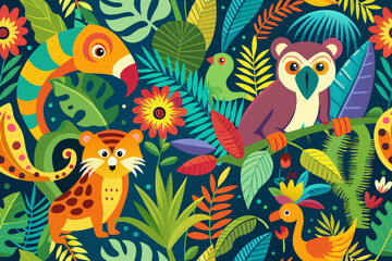 Fototapeta premium Whimsical Jungle Animals and Tropical Foliage Pattern vector illustration
