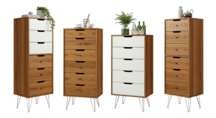 Four tall wooden and white drawer cabinets with black legs transparent background cutout png