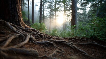 Sunlit forest floor with intricate exposed tree roots bathed in golden rays of morning light filtering through the mist