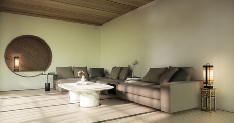 arm chair and decoration japanese on Modern room interior wabisabi style.3D rendering