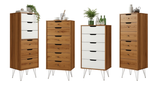 Four tall wooden and white drawer cabinets with black legs transparent background cutout png