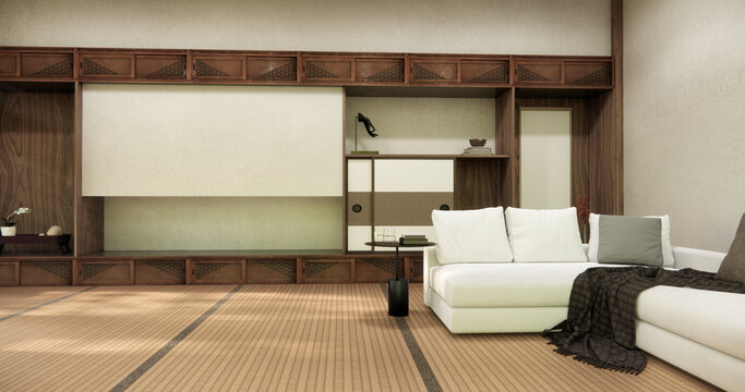 arm chair and decoration japanese on Modern room interior wabisabi style.3D rendering