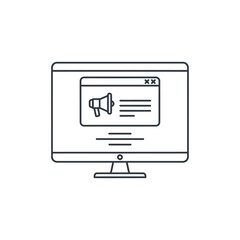 Minimalist line art icon of a computer monitor with a digital marketing pop-up advertisement and a megaphone.