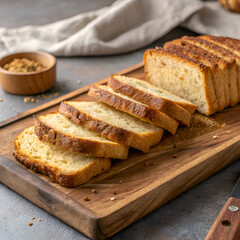 Sliced loaf of bread on a wooden cutting board with a small bowl of crumbs and a cloth nearby