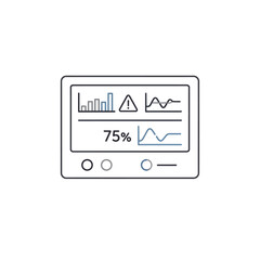Minimalist line art icon of a medical monitor displaying vital signs, graphs, and an alert symbol.