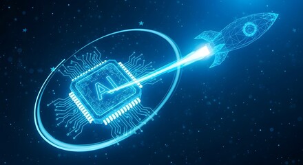 Illustration of artificial intelligence chip launching like a rocket, symbolizing ai innovation and rapid technological advancement in a futuristic digital space