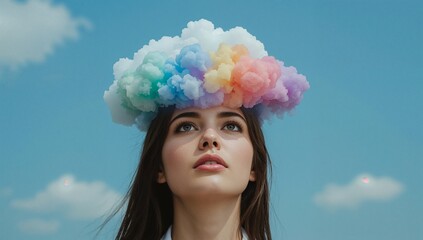 Portrait of a woman looking upward at a colourful cloud