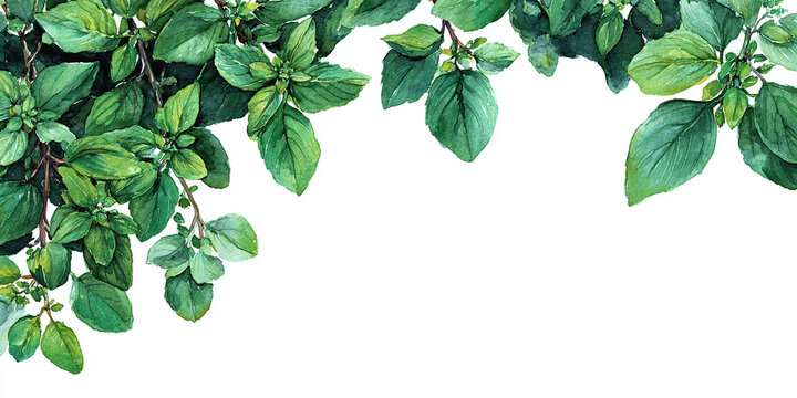 Watercolor botanical frame of basil leaves forming a natural top border, perfect for herbal banner or organic cooking design.