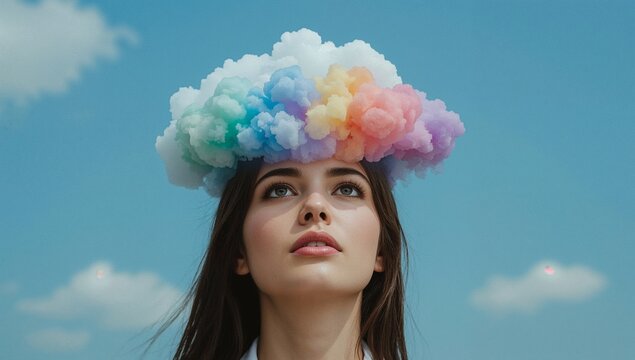 Portrait of a woman looking upward at a colourful cloud