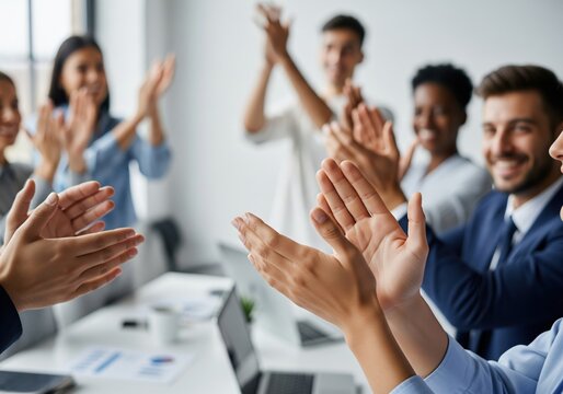 Group of diverse people clapping and celebrating success in the office