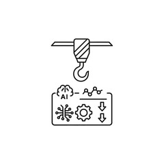 Monochrome line art of a crane hook lifting a rectangular panel displaying AI brain, data analysis, and gear icons.
