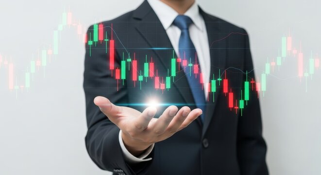 Businessman holding glowing stock market candlestick chart showing financial growth and investment opportunities