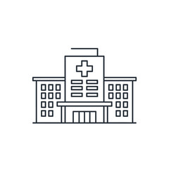 Outline hospital building icon with a medical cross, featuring multiple windows and a modern, clean design.