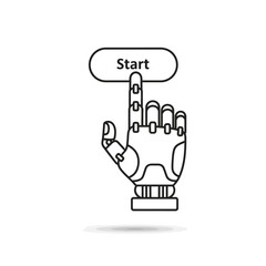 Outline mechanical robotic hand with segmented fingers pressing a Start button, line art style.