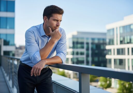 Pensive businessman contemplating future challenges and strategic decisions on a city rooftop