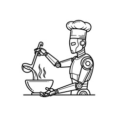 Robot Chef Stirring Soup with Ladle, Wearing Chefs Hat, Line Art.
