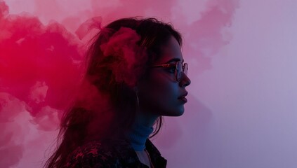 Fototapeta premium Portrait of a woman with red glasses and smoky backdrop