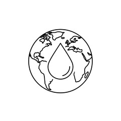 Simple Black and White Earth Globe with Water Drop Symbol, Concept.