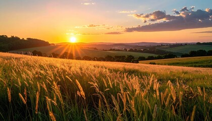 Golden sunset over grassy rolling hills