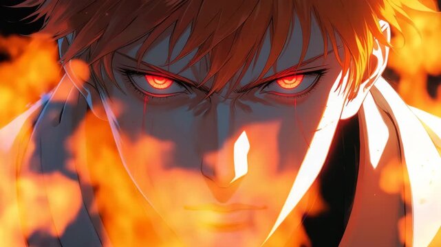 Intense anime character with fiery red eyes and orange hair