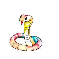 Illustration of a Colorful Cobra Snake Coiled in a Playful Pose on a White Background