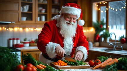 Santa claus preparing a healthy christmas meal with fresh vegetables in a cozy kitchen
