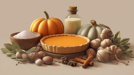 Pumpkin pie preparation with autumn baking ingredients