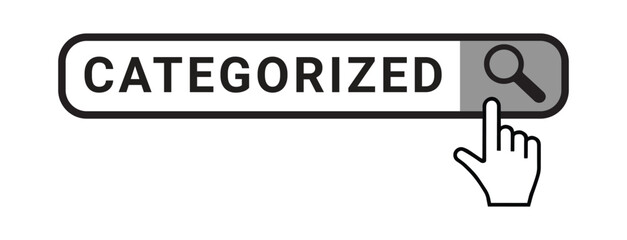 Search banner in word categorized with hand over magnifier icon on white background.