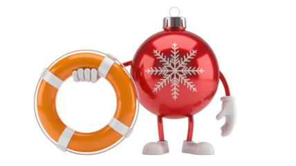 Funny cartoon christmas ornament character holding a life preserver ring isolated on transparent background
