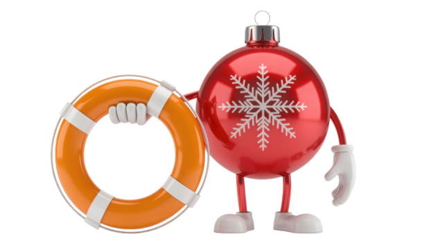 Funny cartoon christmas ornament character holding a life preserver ring isolated on transparent background - Powered by Adobe