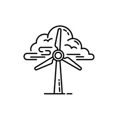 Simple Black Outline Illustration of a Wind Turbine with Cloud Background.