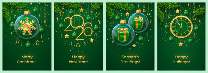 Christmas card set. Happy New Year 2026. Golden numbers 2026 and countdown clock. Gift boxes, shining gold snowflake in glass baubles, fir branches, stars, and Christmas balls. Vector illustration.