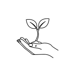 Simple Hand Holding a Delicate Sprout with Two Leaves, Black Outline.