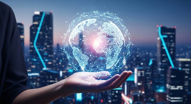 Glowing World Globe Held in Hand Before Cityscape at Night - Powered by Adobe
