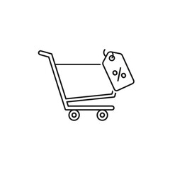 Simple Outline Illustration of a Shopping Cart with Percentage Discount Tag.