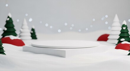Minimalist White Pedestal in Snowy Winter Scene with Green Trees