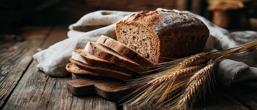 A rustic loaf of bread with sliced pieces rests on a wooden surface, accompanied by wheat stalks, creating a warm, inviting scene.