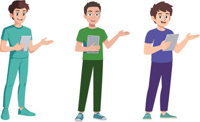 Smiling young man cartoon character holding tablet and gesturing hand, modern technology user illustration isolated on white background vector