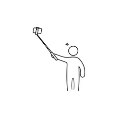 Stick Figure Taking Selfie with Phone on Selfie Stick, Minimalist Outline.