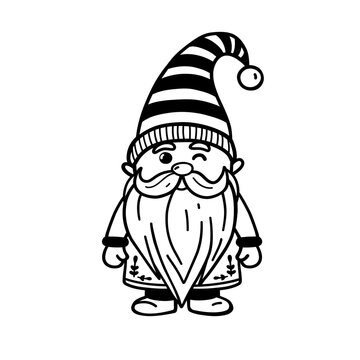 Black and white vector illustration of a cute Scandinavian style Christmas gnome